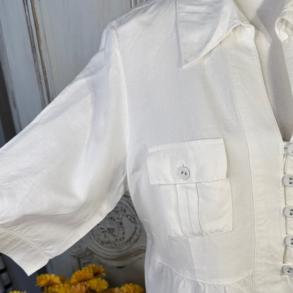 Lane Bryant Linen Blend White 1/4 Button-Down Short Sleeve Top - Picture 4 of 8